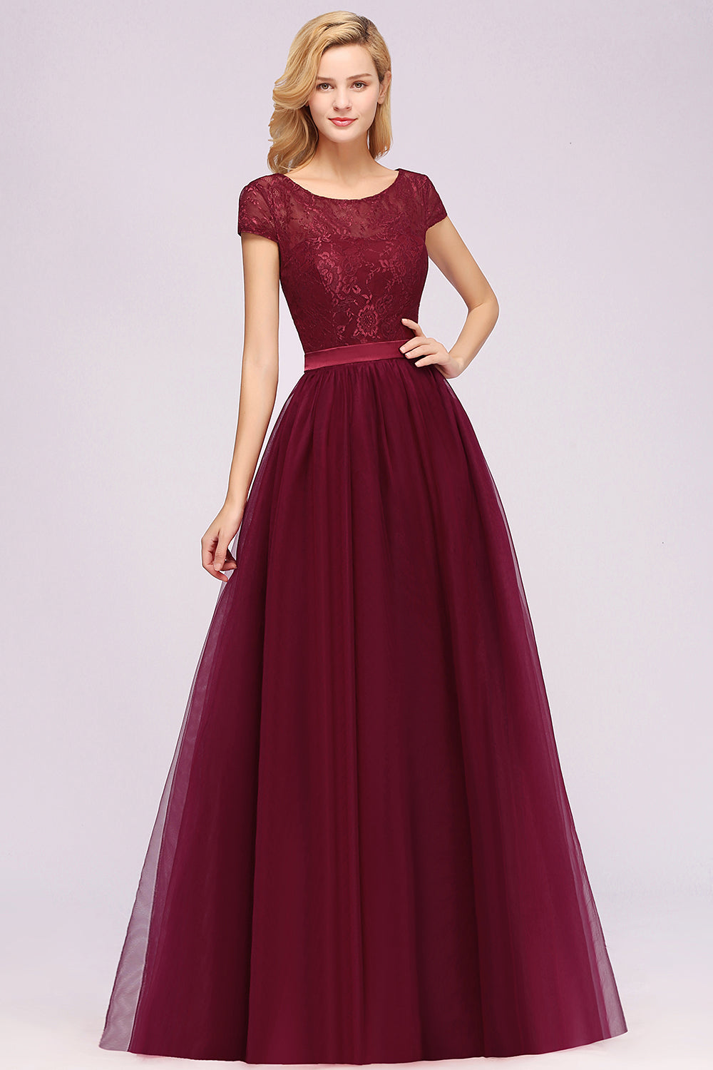 Elegant Lace Cap Sleeves Burgundy Bridesmaid Dresses Affordable