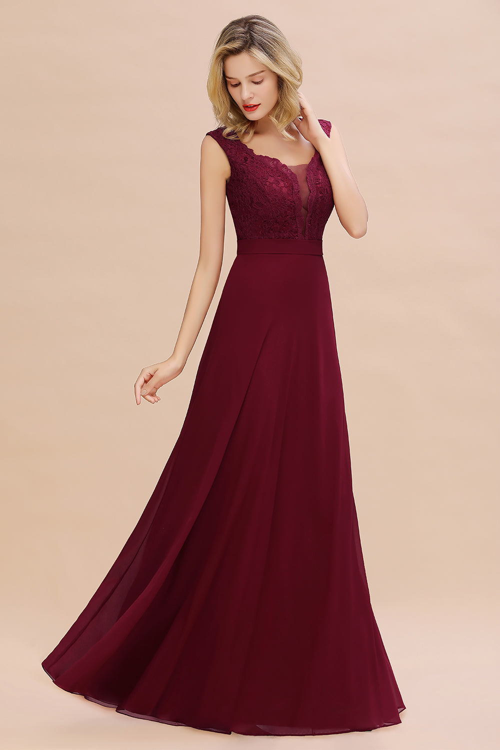 Elegant Lace Deep V-Neck Burgundy Bridesmaid Dress Affordable