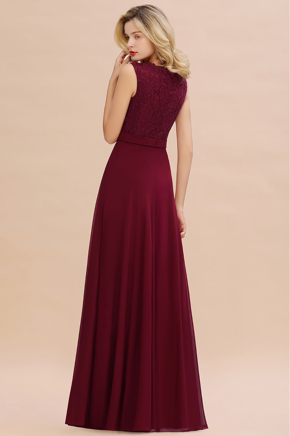 Elegant Lace Deep V-Neck Burgundy Bridesmaid Dress Affordable