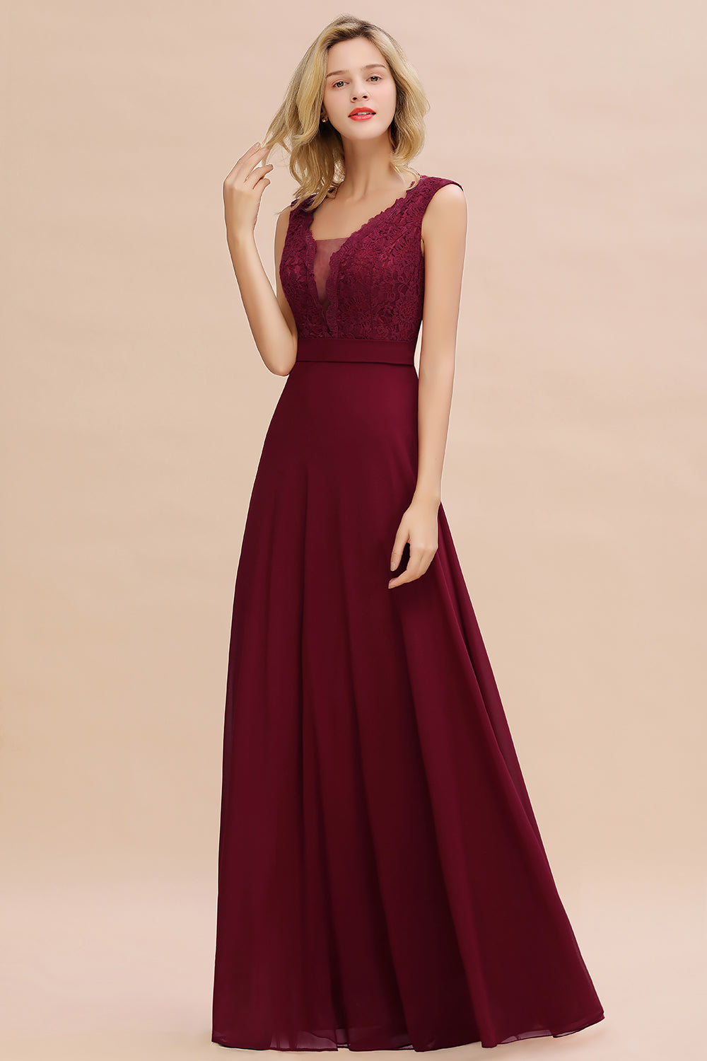 Elegant Lace Deep V-Neck Burgundy Bridesmaid Dress Affordable