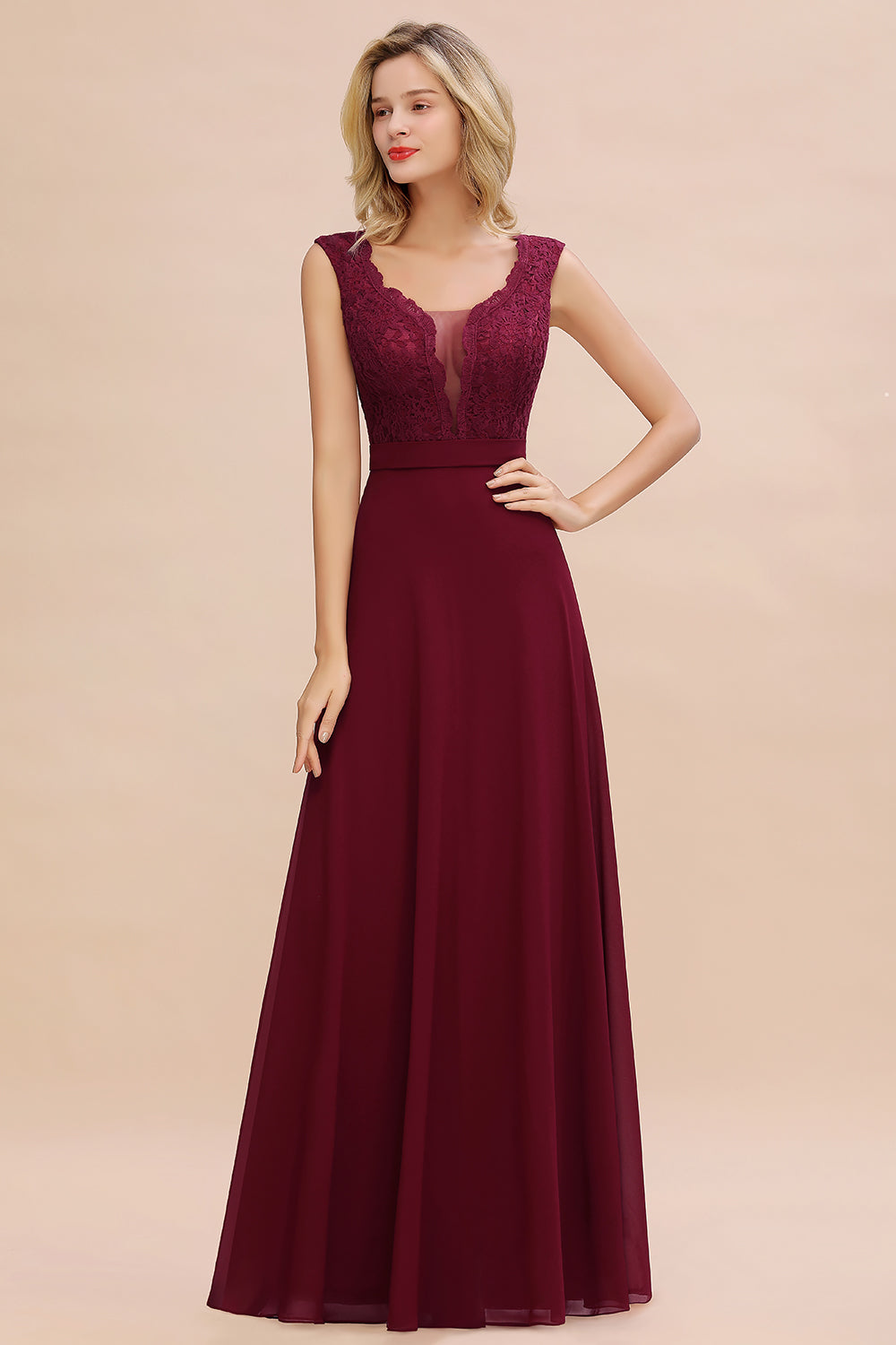 Elegant Lace Deep V-Neck Burgundy Bridesmaid Dress Affordable