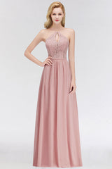 Elegant Lace Keyhole Halter Dusty Rose Chiffon Bridesmaid Dress Affordable