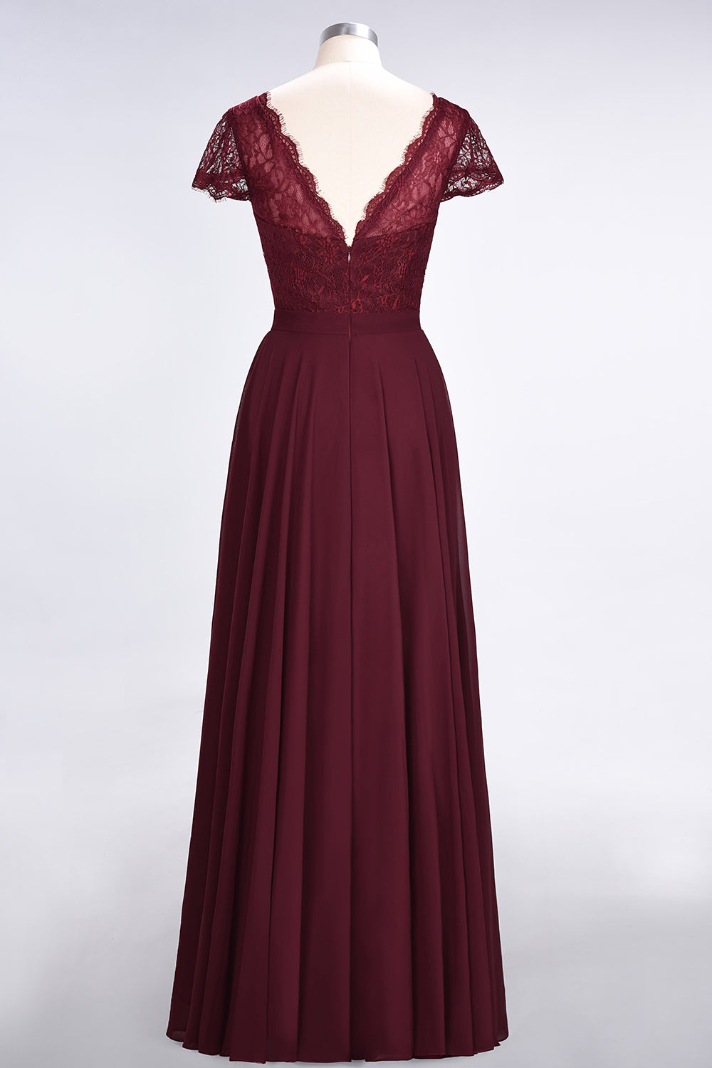 Elegant Lace V-Neck Burgundy Bridesmaid Dress with Cap Sleeves