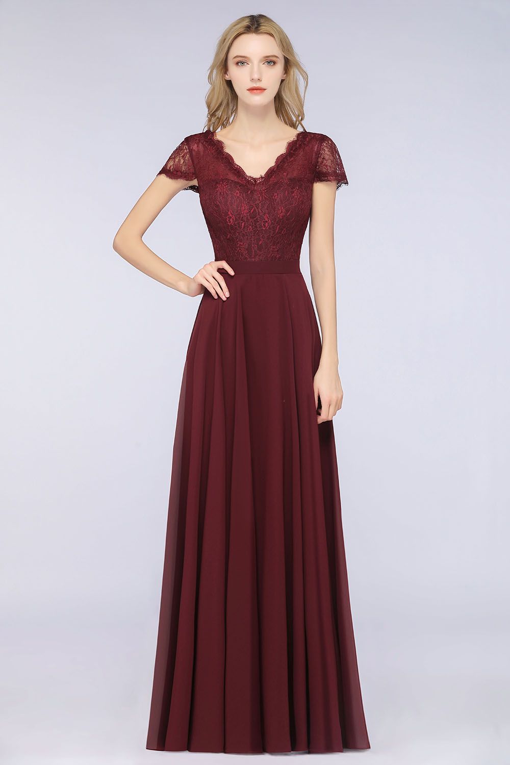 Elegant Lace V-Neck Burgundy Bridesmaid Dress with Cap Sleeves