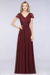 Elegant Lace V-Neck Burgundy Bridesmaid Dress with Cap Sleeves