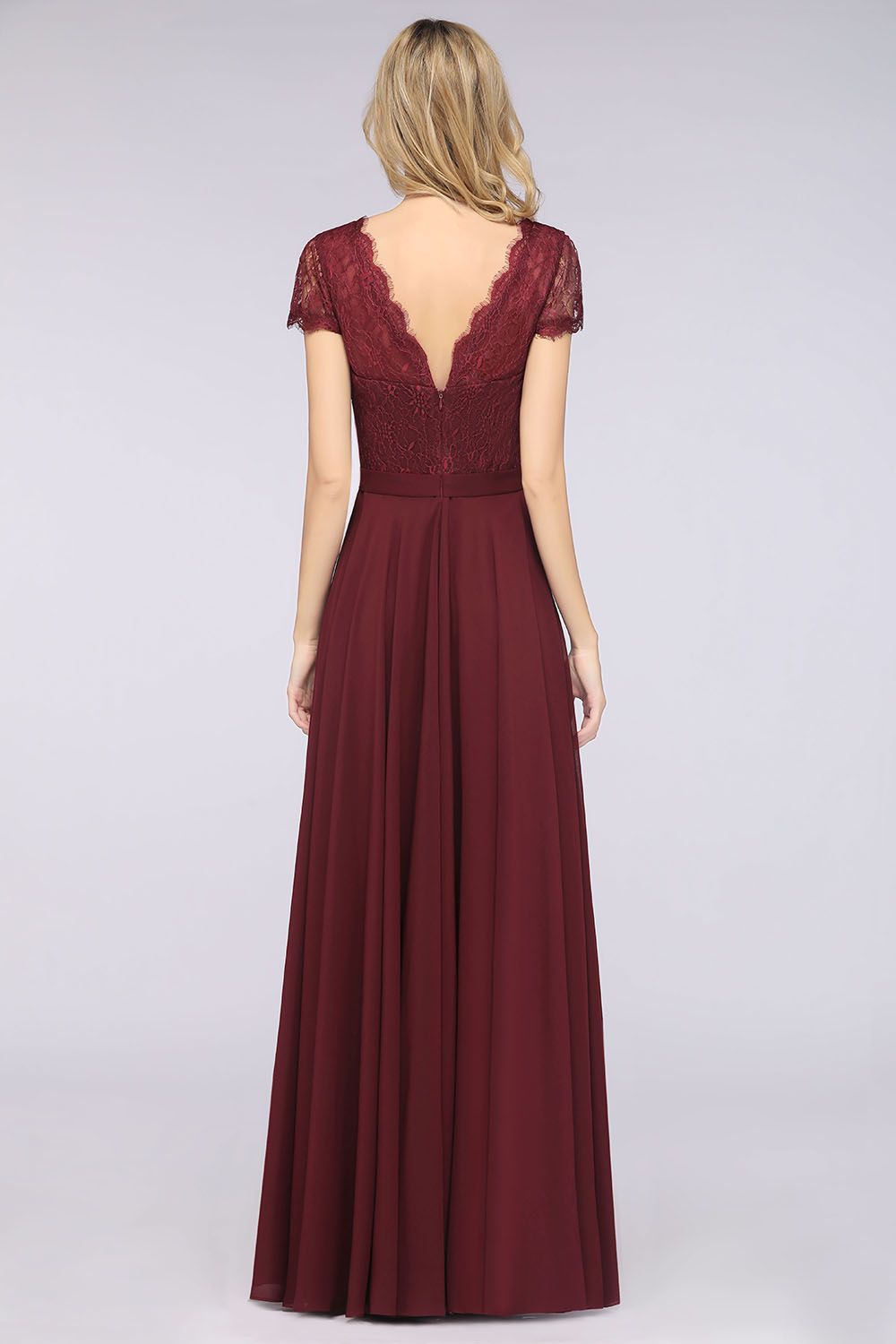 Elegant Lace V-Neck Burgundy Bridesmaid Dress with Cap Sleeves