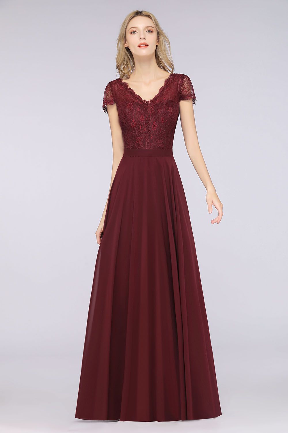 Elegant Lace V-Neck Burgundy Bridesmaid Dress with Cap Sleeves