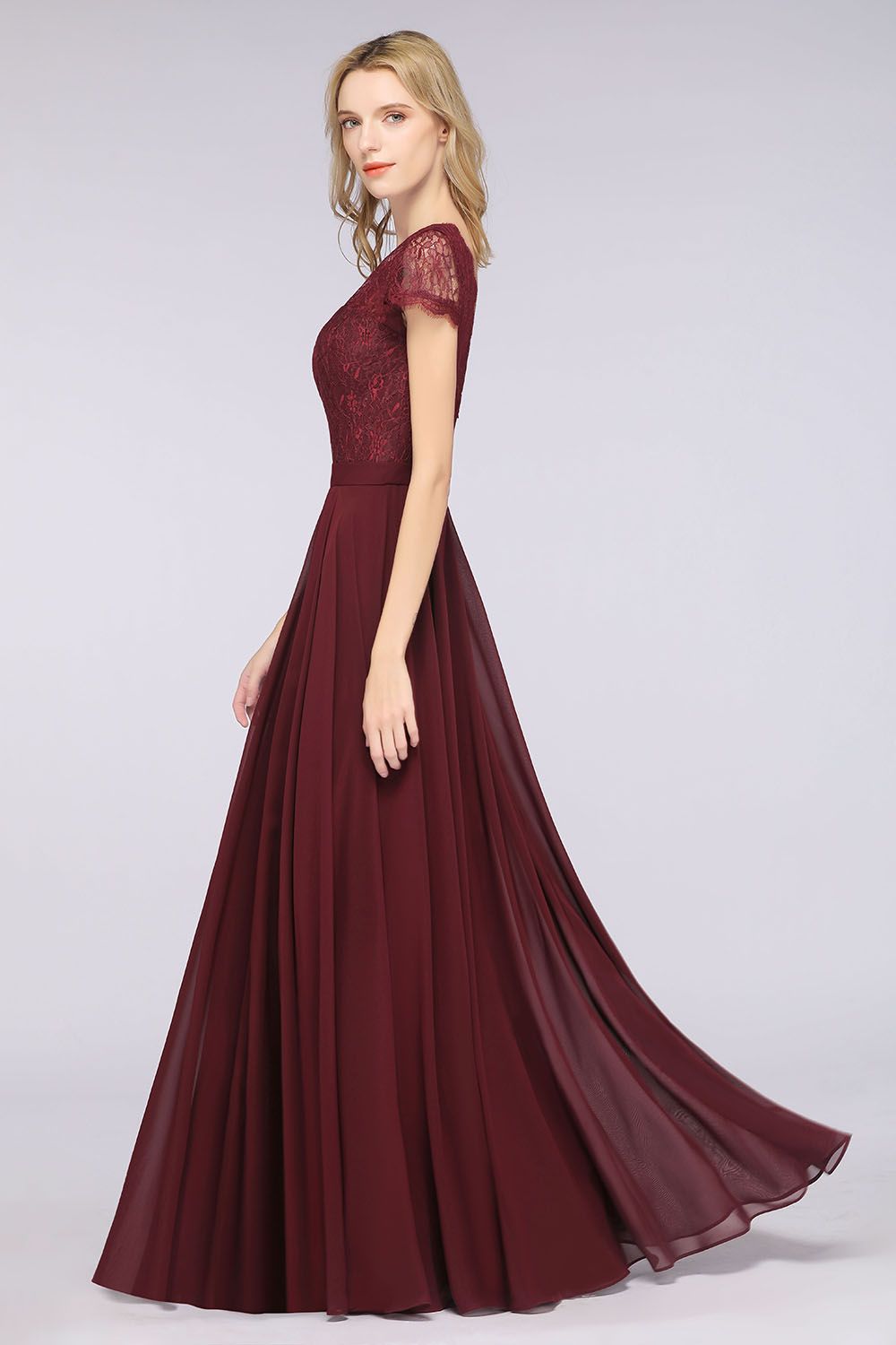 Elegant Lace V-Neck Burgundy Bridesmaid Dress with Cap Sleeves