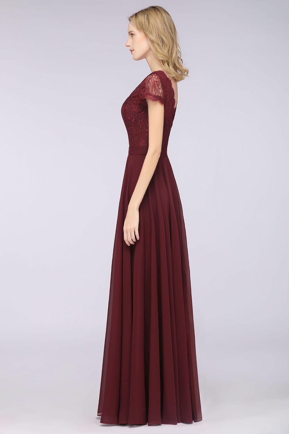 Elegant Lace V-Neck Burgundy Bridesmaid Dress with Cap Sleeves