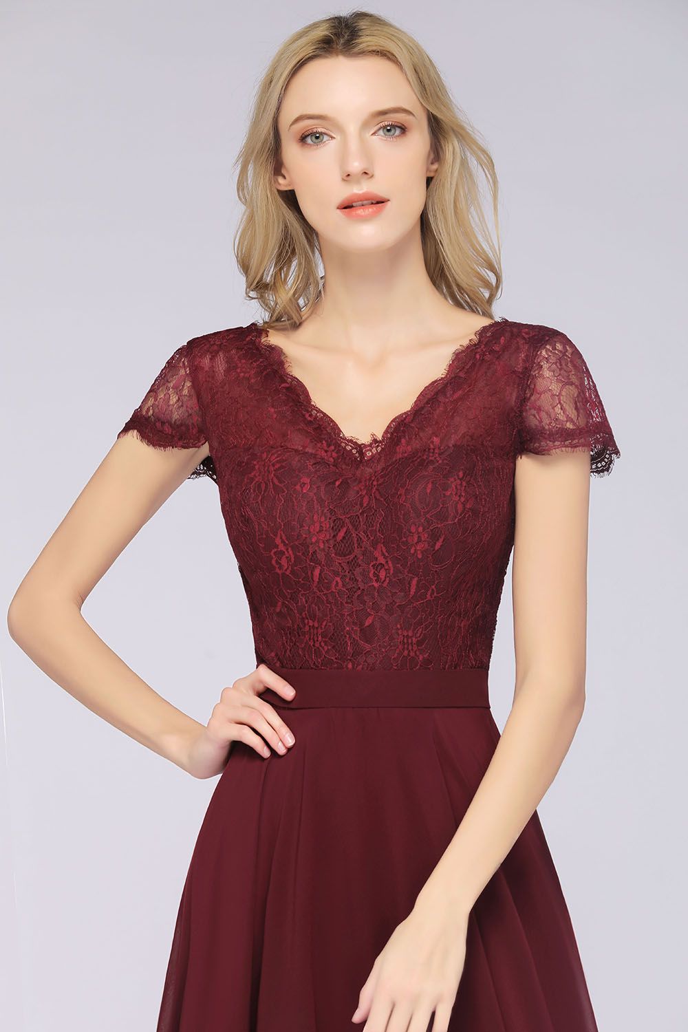 Elegant Lace V-Neck Burgundy Bridesmaid Dress with Cap Sleeves