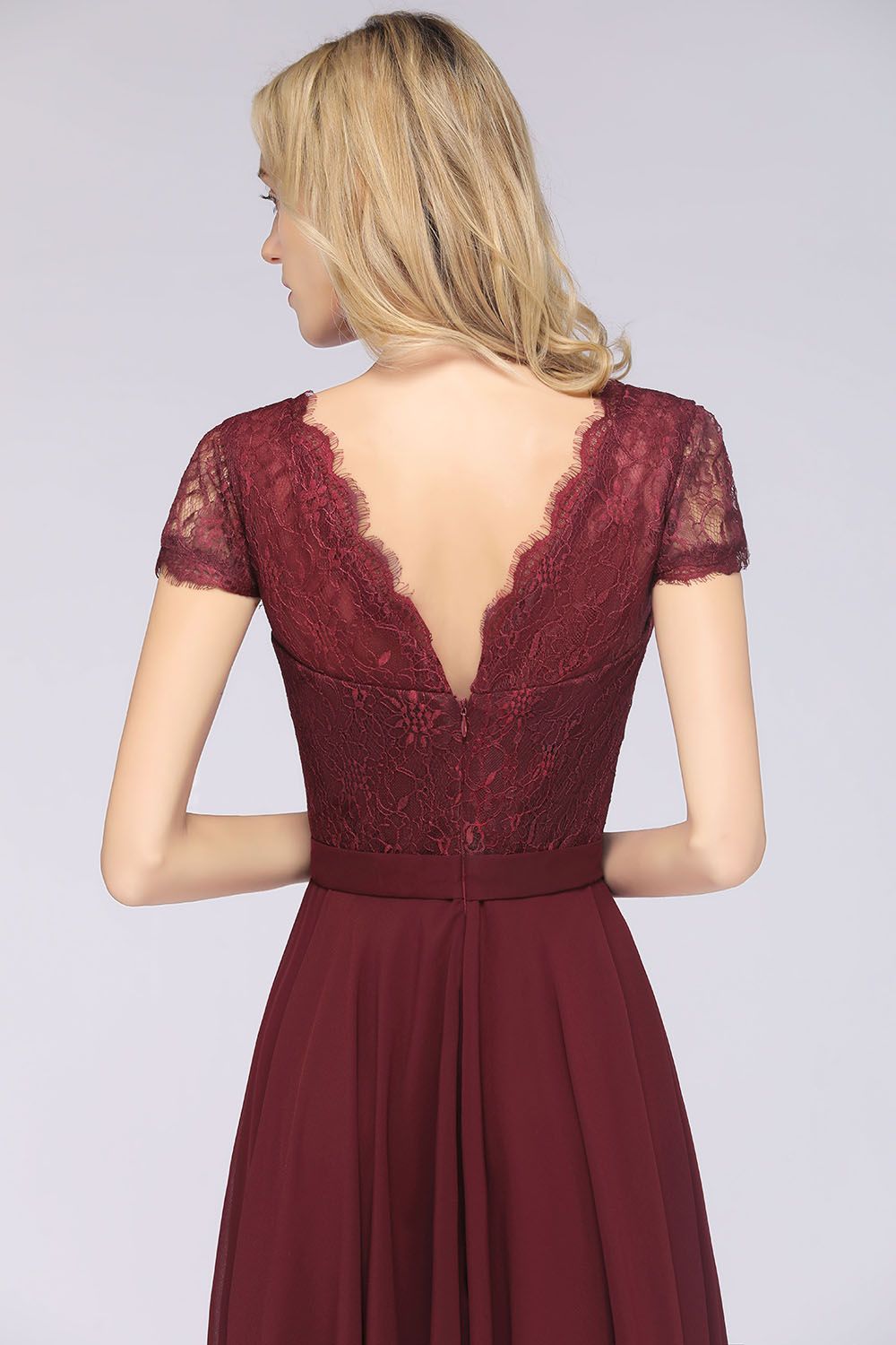 Elegant Lace V-Neck Burgundy Bridesmaid Dress with Cap Sleeves