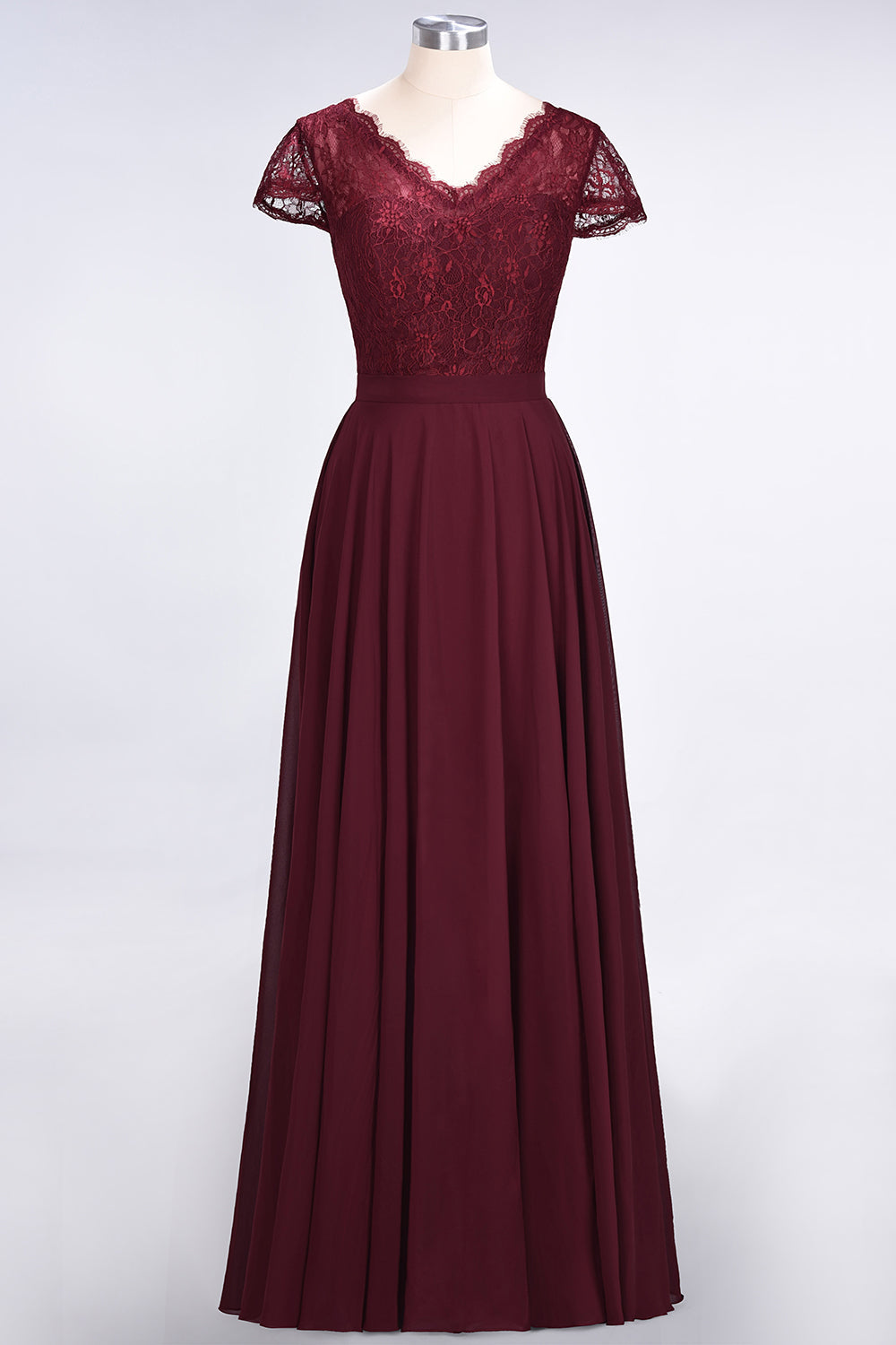 Elegant Lace V-Neck Burgundy Bridesmaid Dress with Cap Sleeves