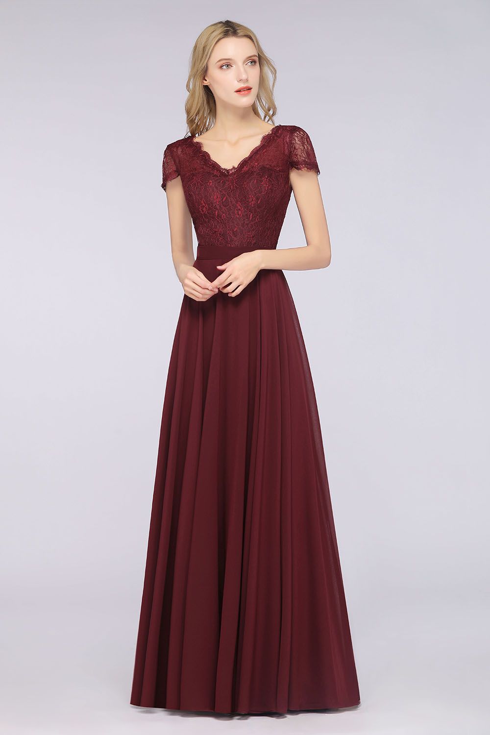 Elegant Lace V-Neck Burgundy Bridesmaid Dress with Cap Sleeves