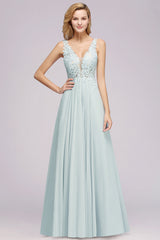 Elegant Lace V-Neck Chiffon Affordable Bridesmaid Dress with Beadings