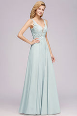 Elegant Lace V-Neck Chiffon Affordable Bridesmaid Dress with Beadings