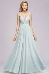 Elegant Lace V-Neck Chiffon Affordable Bridesmaid Dress with Beadings