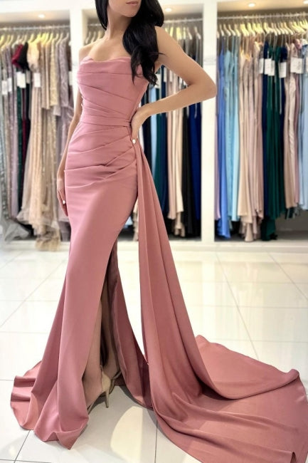 Elegant Long Minimalist Sleeveless Dusty Pink Evening Dresses Featuring Slit