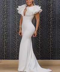 Chic Long White Mermaid V-neck Sleeveless Prom Dress With Ruffles