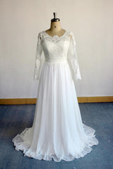 Elegant Longsleeves Appliques Lace Wedding Dress White Chiffon A-line Bridal Gowns On Sale