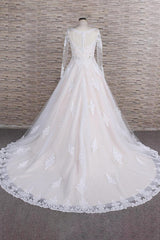 Elegant Longsleeves Jewel Lace Wedding Dresses Jewel Tulle Champagne Bridal Gowns On Sale