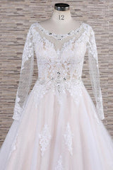 Elegant Longsleeves Jewel Lace Wedding Dresses Jewel Tulle Champagne Bridal Gowns On Sale