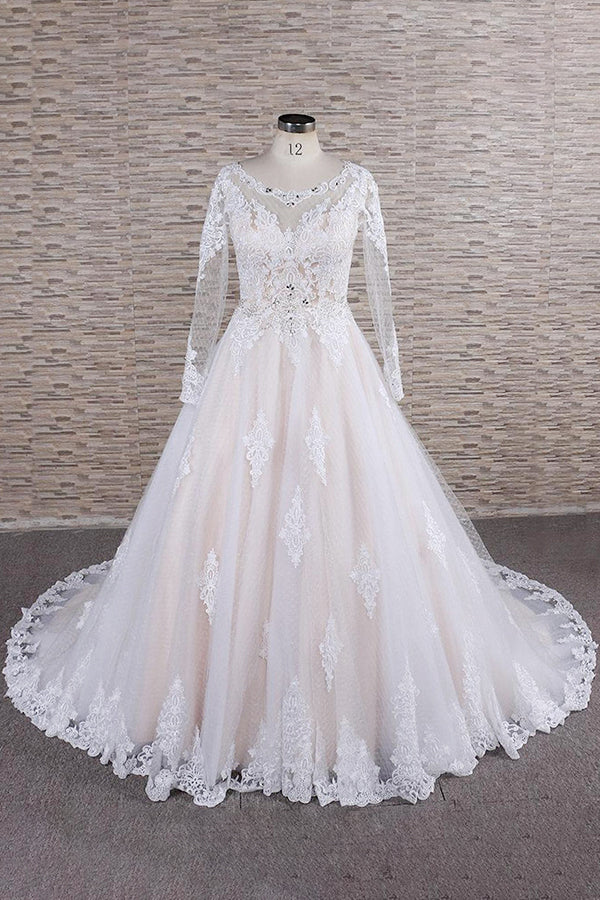 Elegant Longsleeves Jewel Lace Wedding Dresses Jewel Tulle Champagne Bridal Gowns On Sale