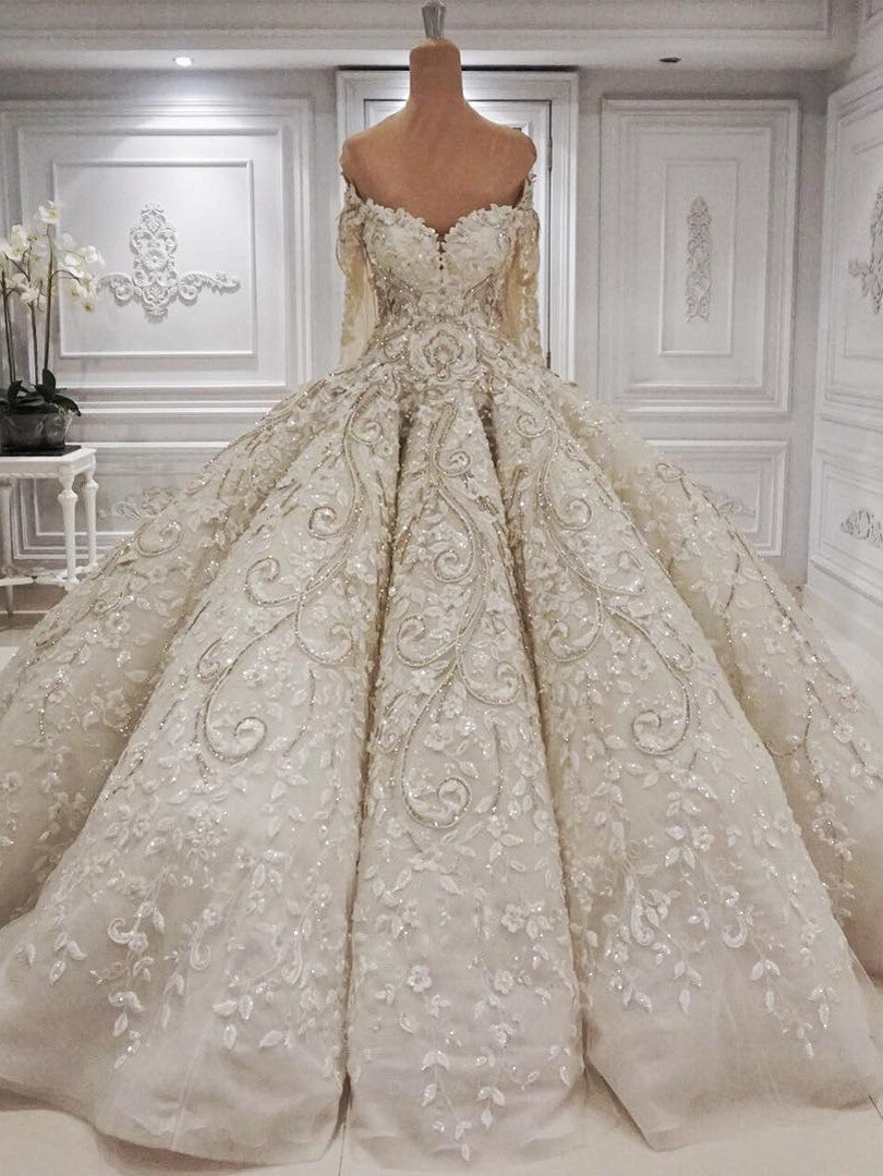 Elegant Longsleeves Sweetheart Ivory Wedding Dresses A-line Tulle Ruffles Bridal Gowns With Appliques Online