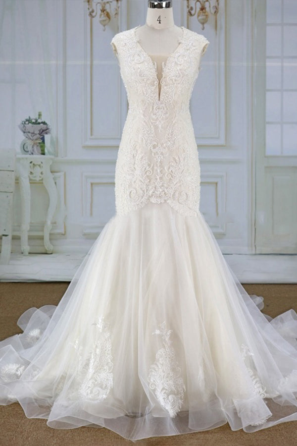 Elegant Mermaid Appliques Straps Wedding Dresses Sleeveless Champagne Tulle Bridal Gowns On Sale