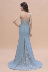 Elegant Mermaid Chiffon Lace Dusty Blue Bridesmaid Dress with Spaghetti Straps On Sale