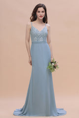 Elegant Mermaid Chiffon Lace Dusty Blue Bridesmaid Dress with Spaghetti Straps On Sale