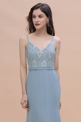 Elegant Mermaid Chiffon Lace Dusty Blue Bridesmaid Dress with Spaghetti Straps On Sale