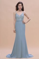 Elegant Mermaid Chiffon Lace Dusty Blue Bridesmaid Dress with Spaghetti Straps On Sale