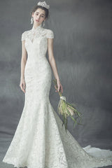 Elegant Mermaid High-Neck Wedding Dress Luxury Lace Cap Sleeves Bridal Gowns On Sale