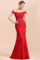 Elegant Mermaid Off the Shoulder Red Lace Appliques Bridesmaid dresses