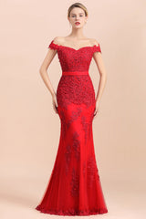 Elegant Mermaid Off the Shoulder Red Lace Appliques Bridesmaid dresses