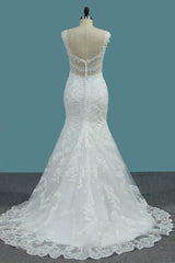 Elegant Mermaid V-neck Tulle Wedding Dress White Lace Appliques Beadings Bridal Gowns Online