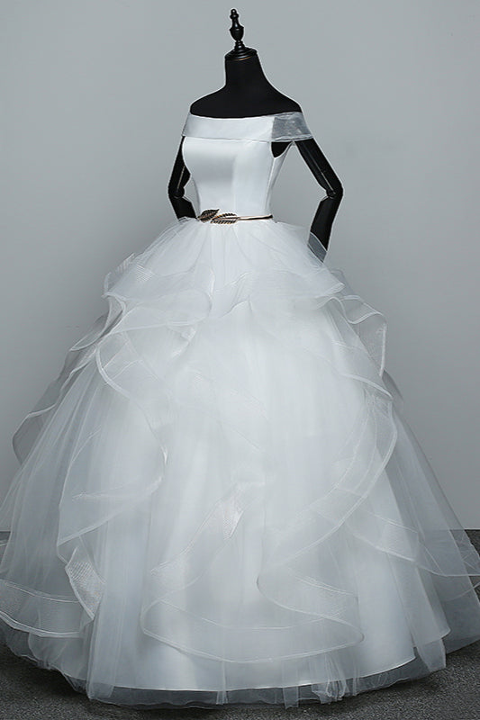 Elegant Off-the-Shoulder Organza Wedding Dress Sleeveless Ruffles Bridal Gowns with Beading Sash