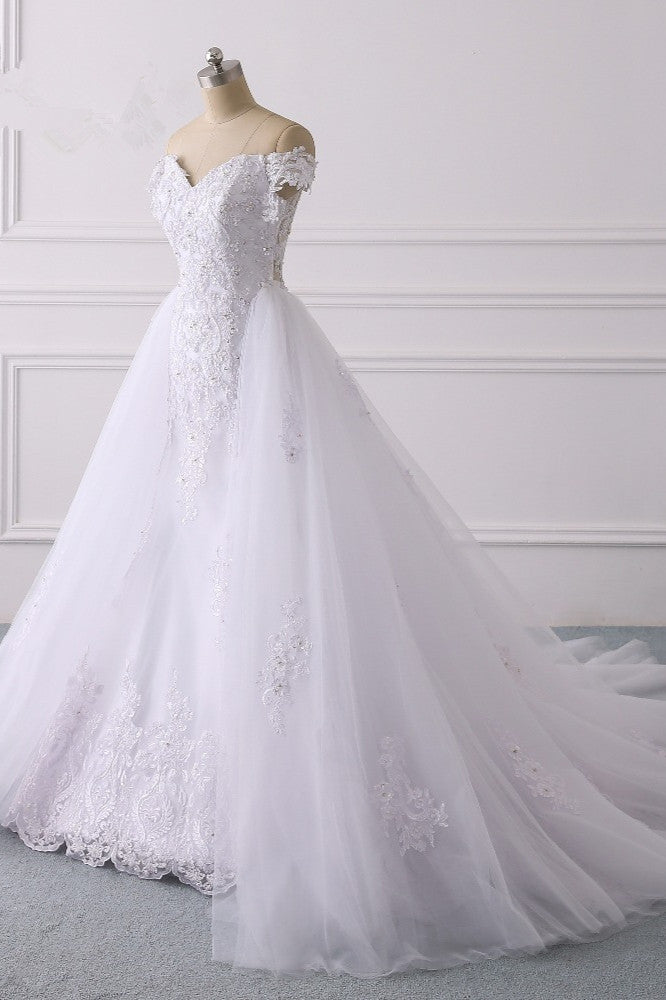 Elegant Off-the-Shoulder Tulle Lace Wedding Dress Sweetheart Appliques Beadings Sleeveless Bridal Gowns On Sale