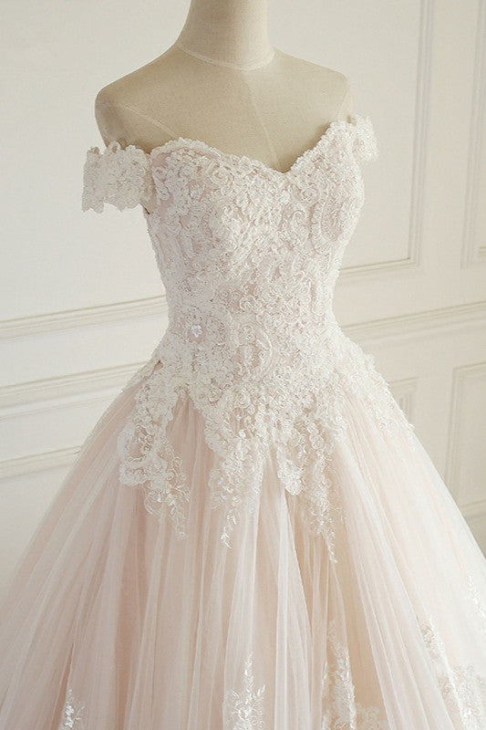 Elegant Off-the-Shoulder Tulle Lace Wedding Dress Sweetheart Appliques Sleeveless Bridal Gowns On Sale