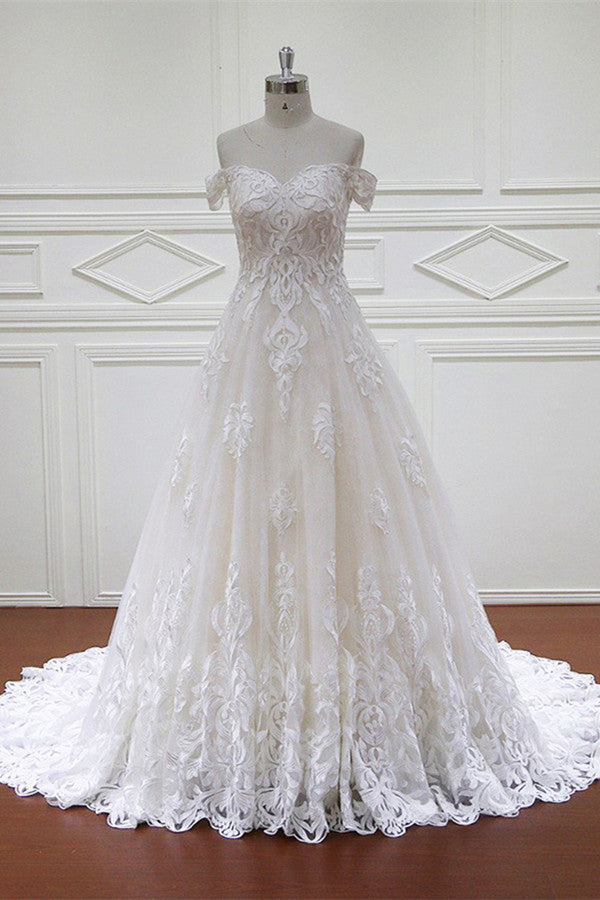 Elegant Off-the-Shoulder White Tulle Lace Wedding Dress Sweetheart Appliques Bridal Gowns On Sale