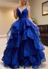 Elegant Princess A-Line V-Neck Tulle Glitter Prom Dress/Evening Dress with Beading