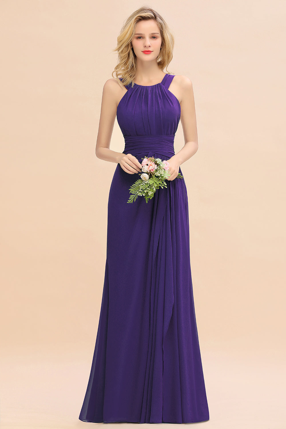 Elegant Round Neck Sleeveless Bridesmaid Dress with Ruffles