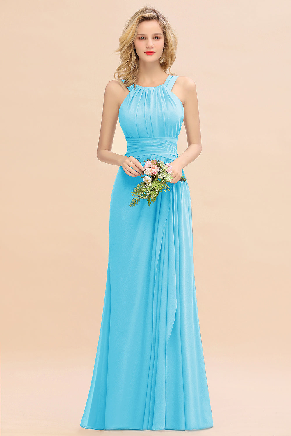 Elegant Round Neck Sleeveless Bridesmaid Dress with Ruffles