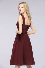 Elegant Ruffle Straps Short Burgundy Bridesmaid Dresses Online