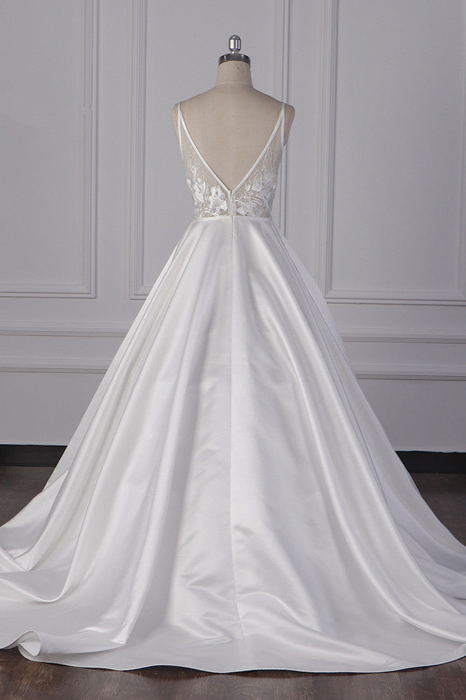 Elegant Satin V-Neck Wedding Dress Lace Appliques Sleeveless Bridal Gowns On Sale