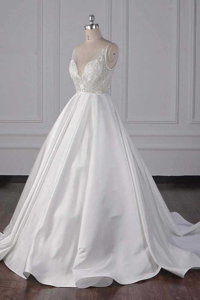 Elegant Satin V-Neck Wedding Dress Lace Appliques Sleeveless Bridal Gowns On Sale