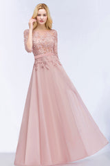 Elegant Scoop Half-Sleeves Lace Dusty Rose Bridesmaid Dress With Pearls