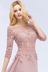 Elegant Scoop Half-Sleeves Lace Dusty Rose Bridesmaid Dress With Pearls