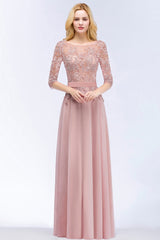 Elegant Scoop Half-Sleeves Lace Dusty Rose Bridesmaid Dress With Pearls