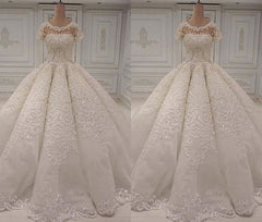 Elegant Shortsleeves Jewel A-line Wedding Dresses White Tulle Ruffles Bridal Gowns With Appliques Online